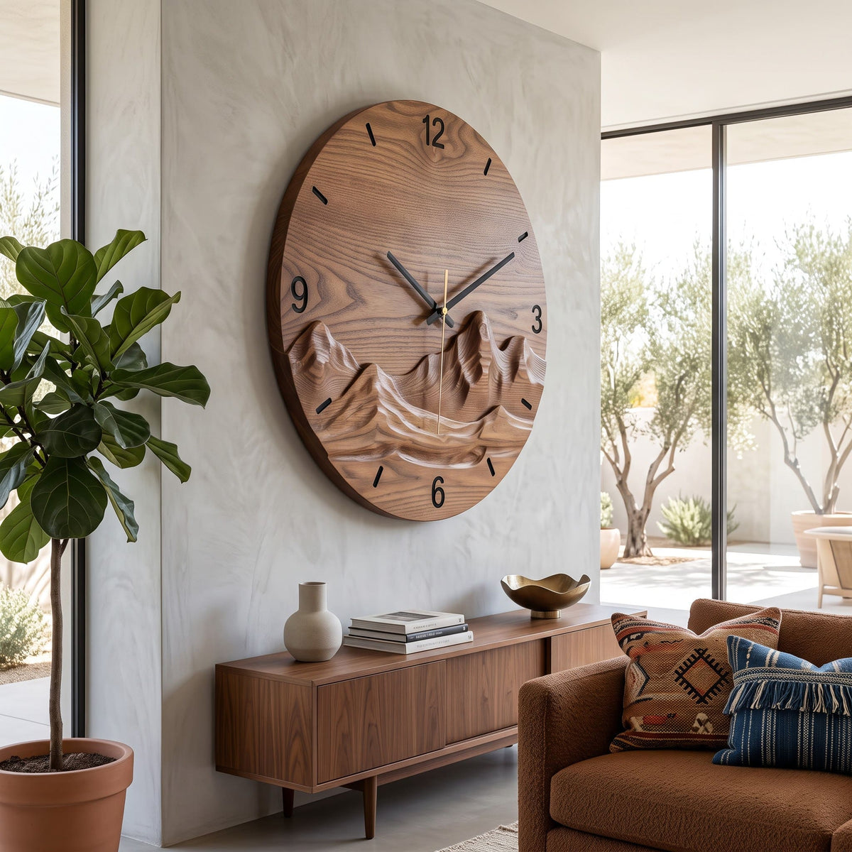 Handwerkliche Berg-Wanduhr aus Massivholz in einem zeitgenössischen Wohnzimmer