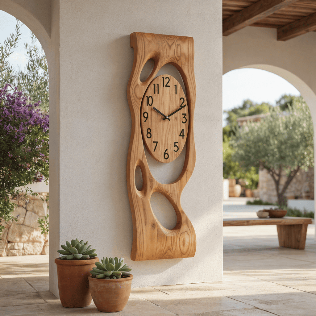 Handwerkliches biomorphes Wanduhr-Paneel aus Massivholz