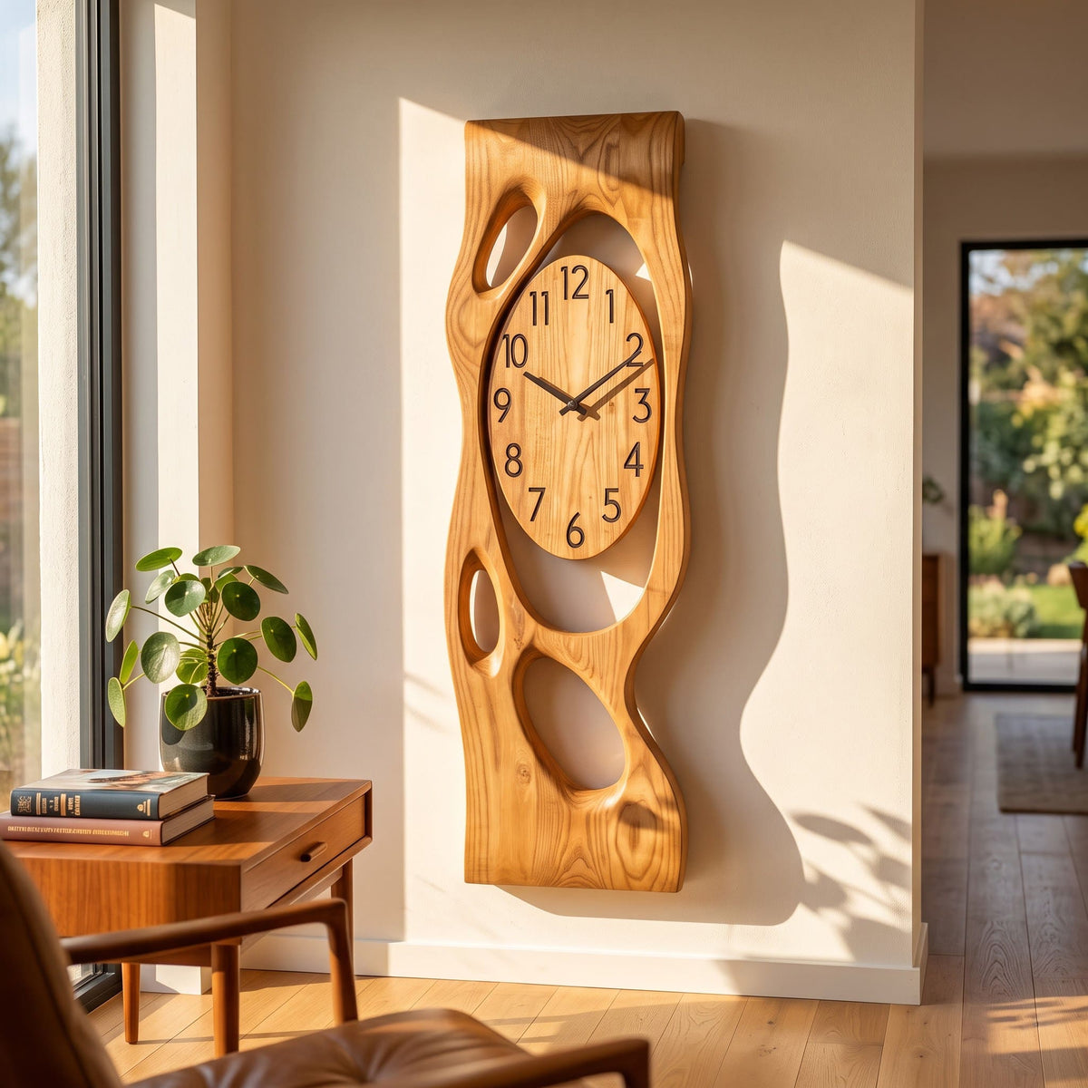 Organische Negativraum-Reliefwandkunst aus Massivholz mit ovalem Zifferblatt in einer modernen Leseecke