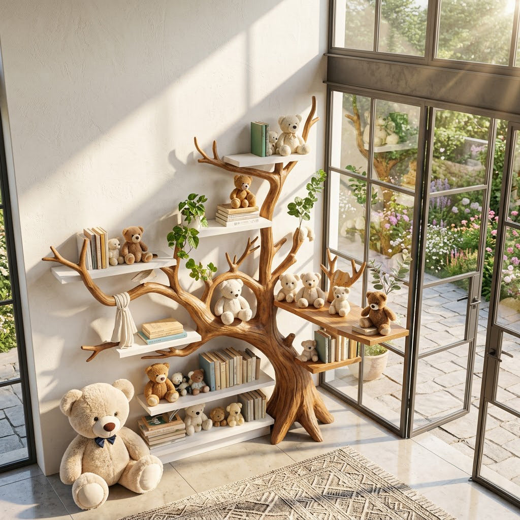 Organisches baumförmiges Schau-Bücherregal aus Massivholz, das einen Waldorf-inspirierten Kleinkind-Lernbereich aufwertet