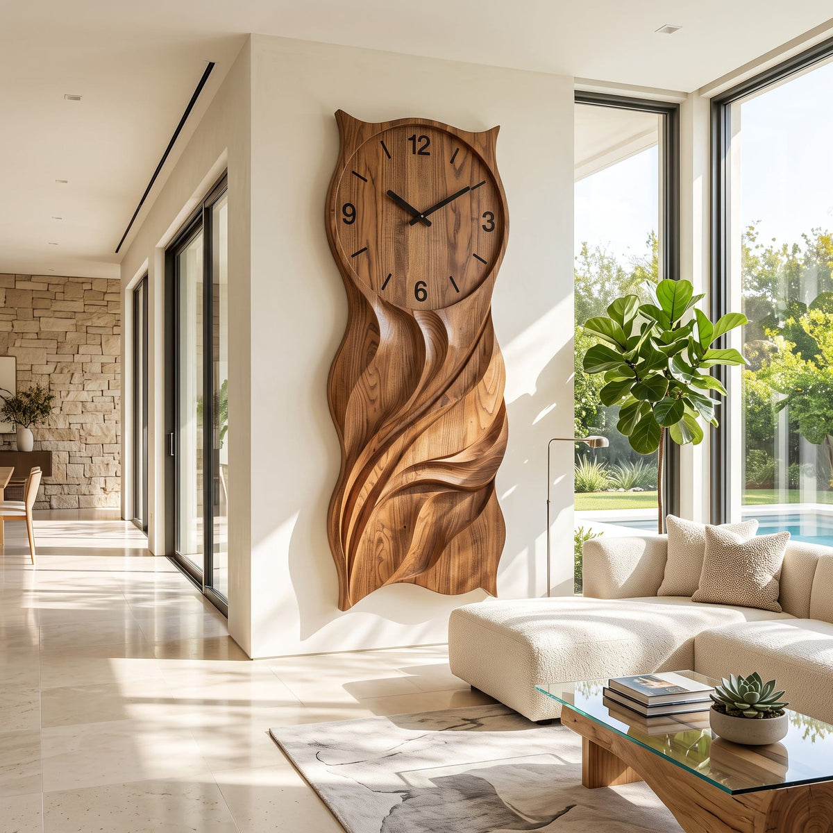 Handwerkliche Eulen-Uhr und skulpturale Wandkunst aus Massivholz, präsentiert in einem eleganten Wohnzimmer