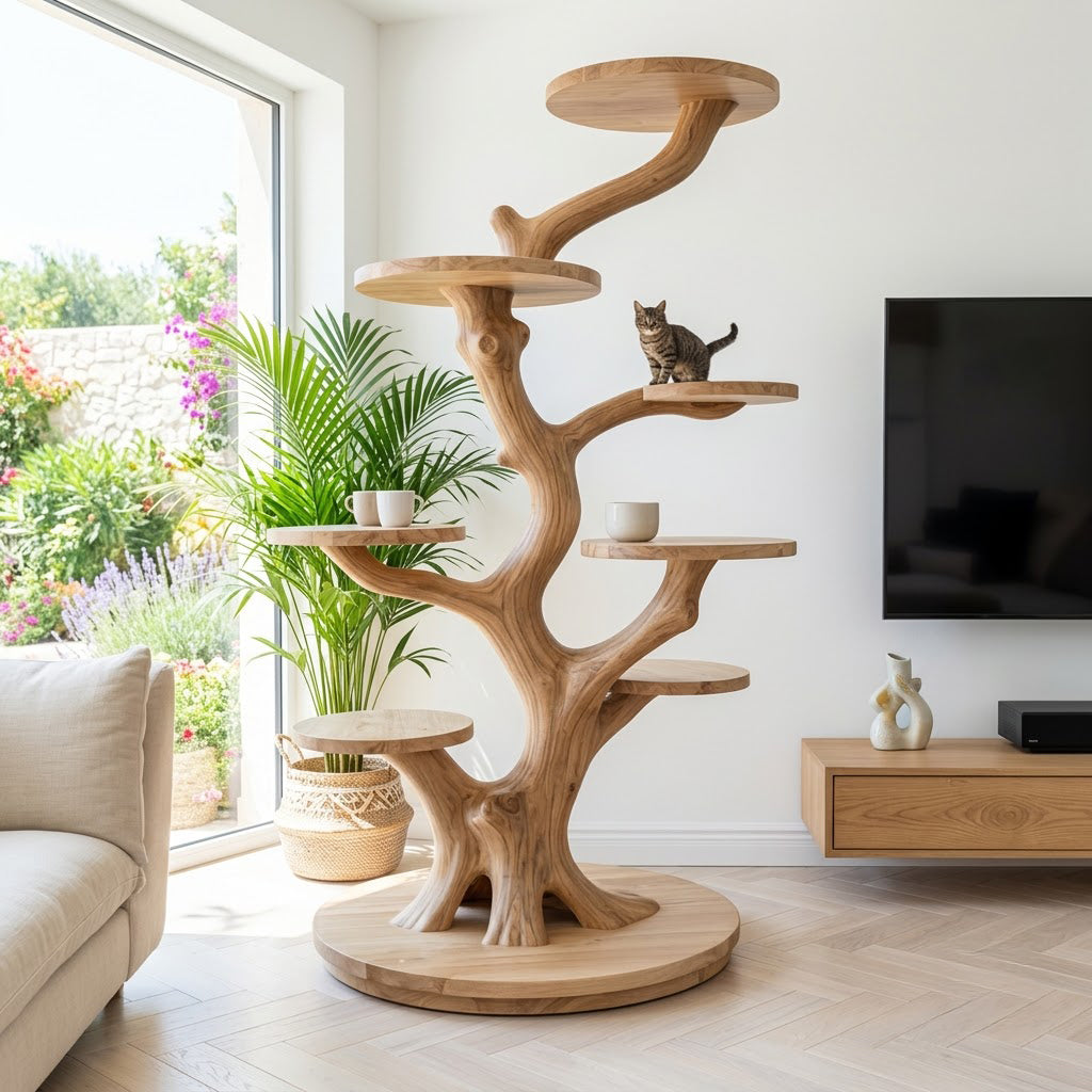 Handwerklicher skulpturaler Baum-Katzenturm aus Massivholz mit botanischen Präsentationssitzen