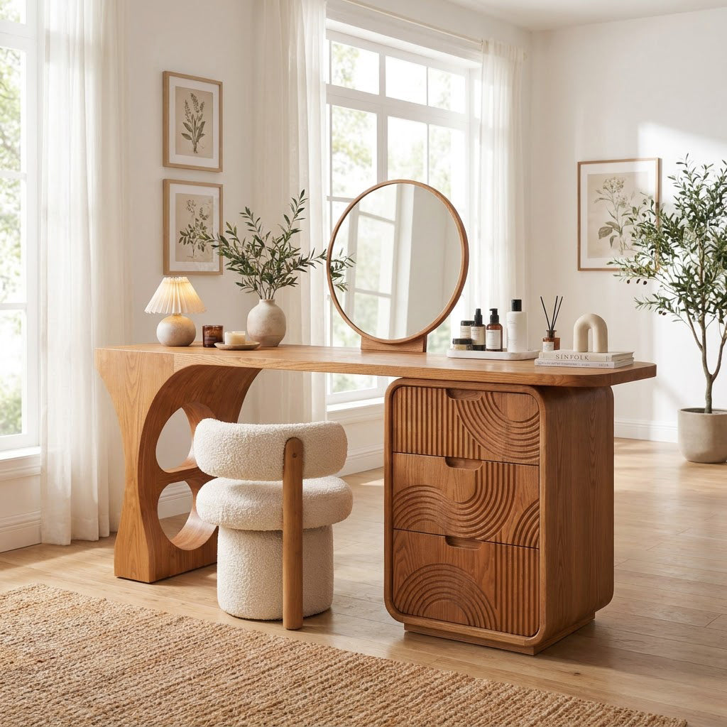 Handwerklicher skulpturaler Schminktisch aus Massivholz in einem zeitgenössischen Schlafzimmer