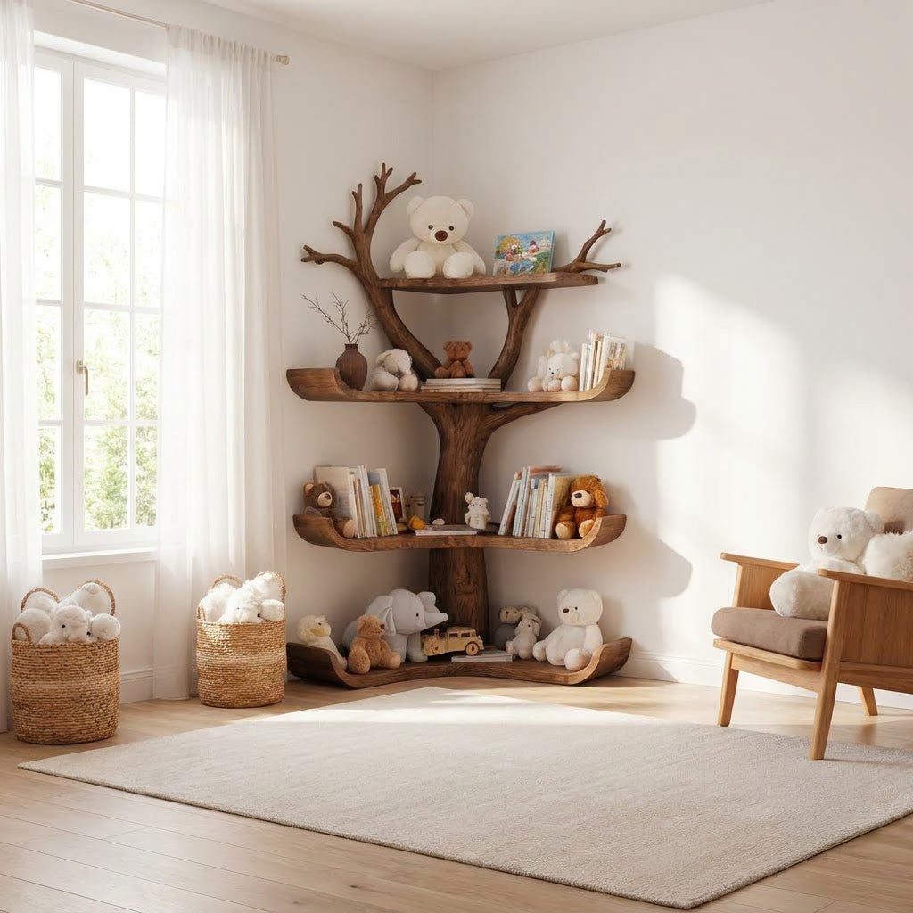 Handwerkliches Baum-Eckbücherregal aus Massivholz in einem verspielten Babyzimmer