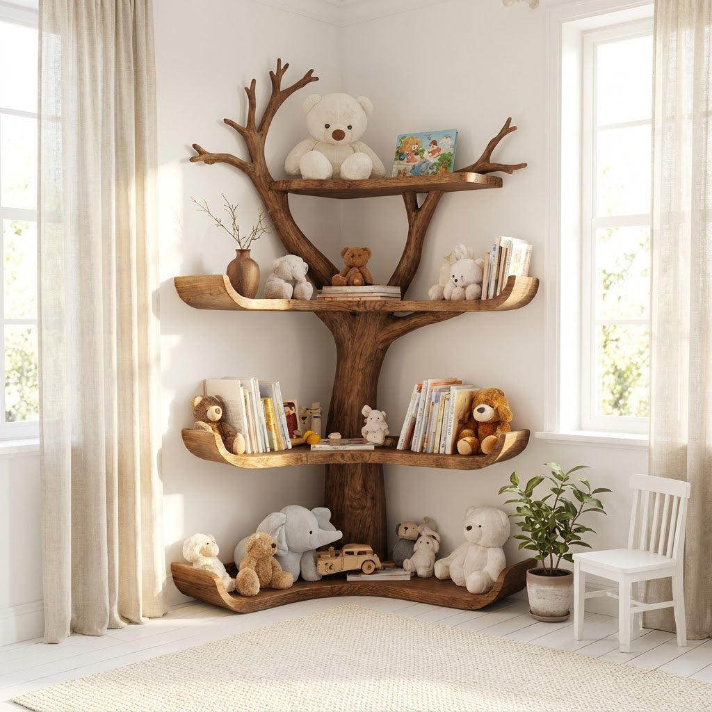 Handwerkliches Eckbücherregal aus Massivholz, präsentiert in einem charmanten Kinderinterieur