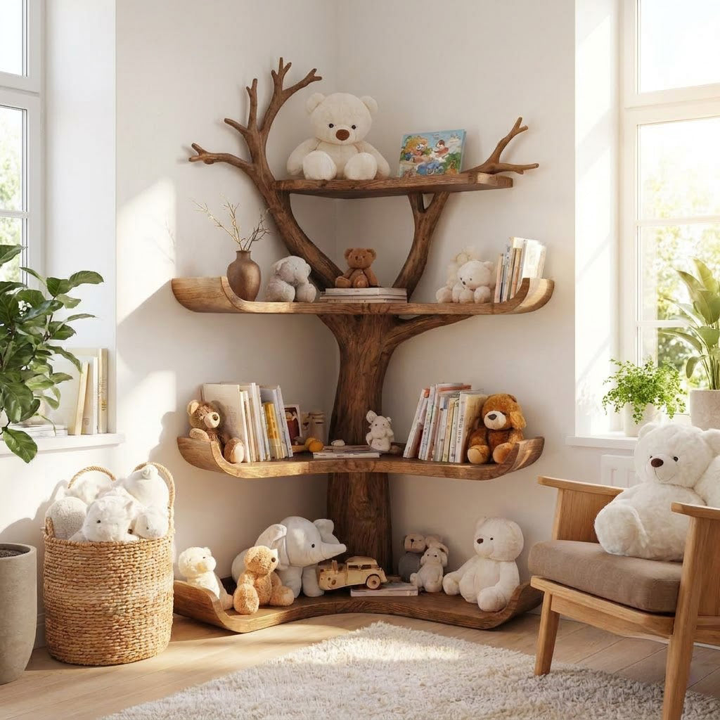 Verspieltes mehrstöckiges Bücherregal aus Massivholz, gestylt in einem farbenfrohen Kinderzimmer