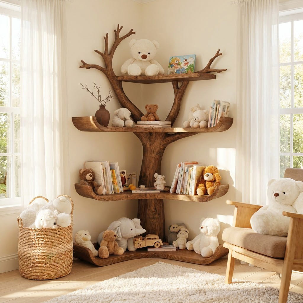 Organisches Baum-Bücherregal aus Massivholz, präsentiert in einer gemütlichen Kinder-Leseecke