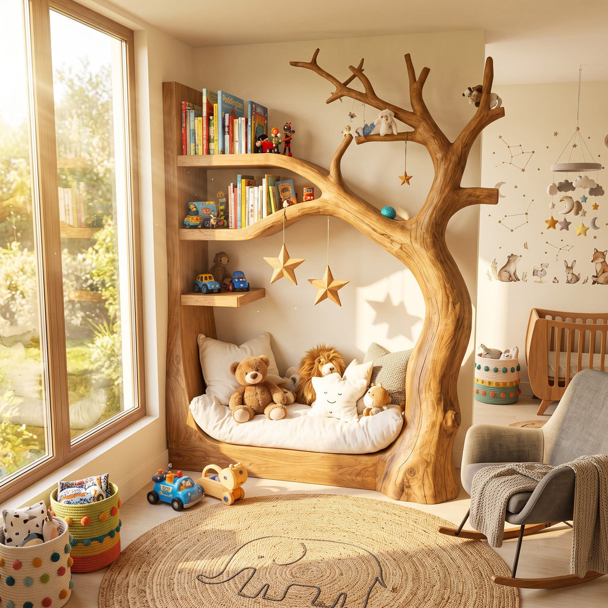 Handwerkliches Baum-Tagesbett aus Massivholz mit Bücherregalen, das ein Montessori-Kleinkindzimmer aufwertet