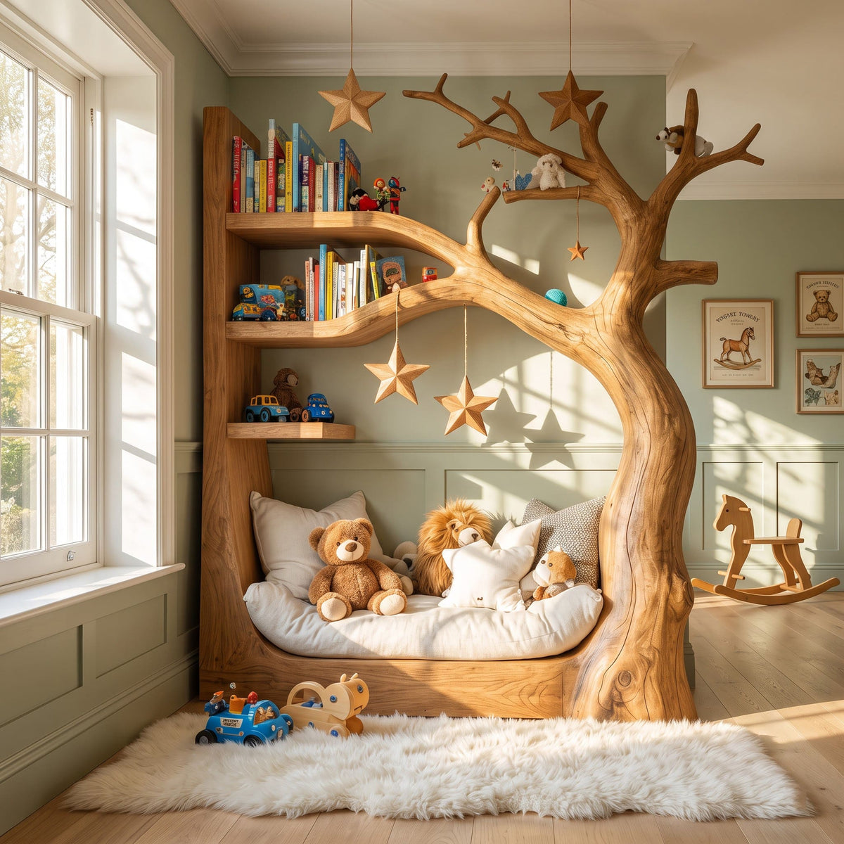 Handwerkliches Baum-Tagesbett mit Märchenbuch-Leseecken-Bücherregal aus Massivholz