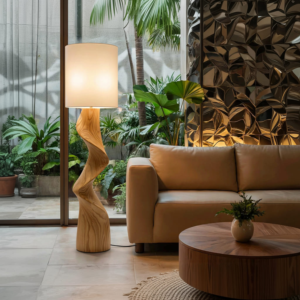 Künstlerische Stehlampe aus Massivholz mit gedrehter Silhouette für luxuriöse Wohnbereiche