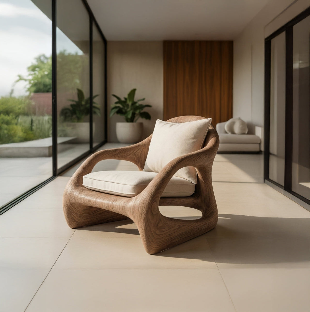 Skulptierter Holzsessel mit künstlerischem Lounge-Sitzdesign