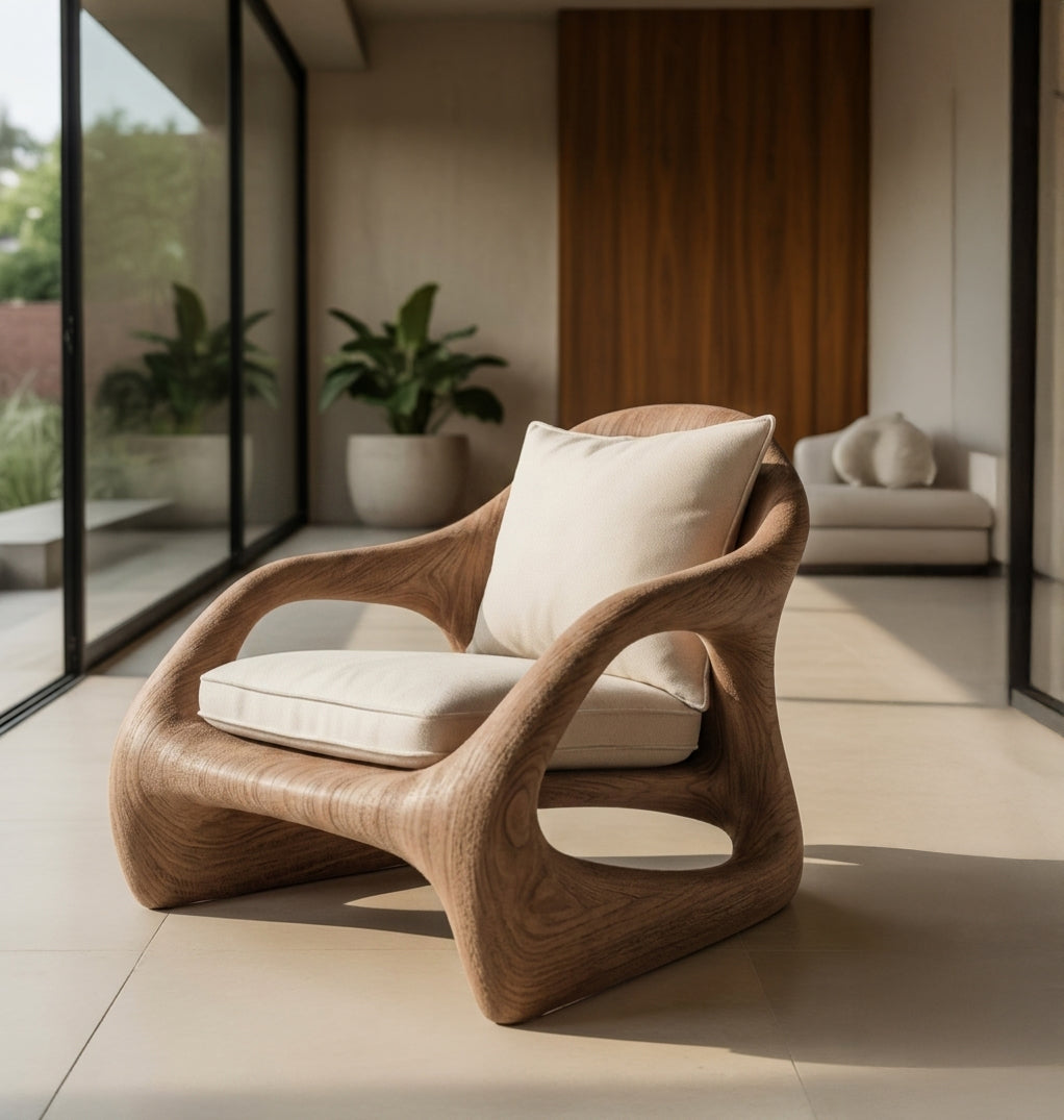 Loungesessel aus Holz in handwerklicher künstlerischer Form