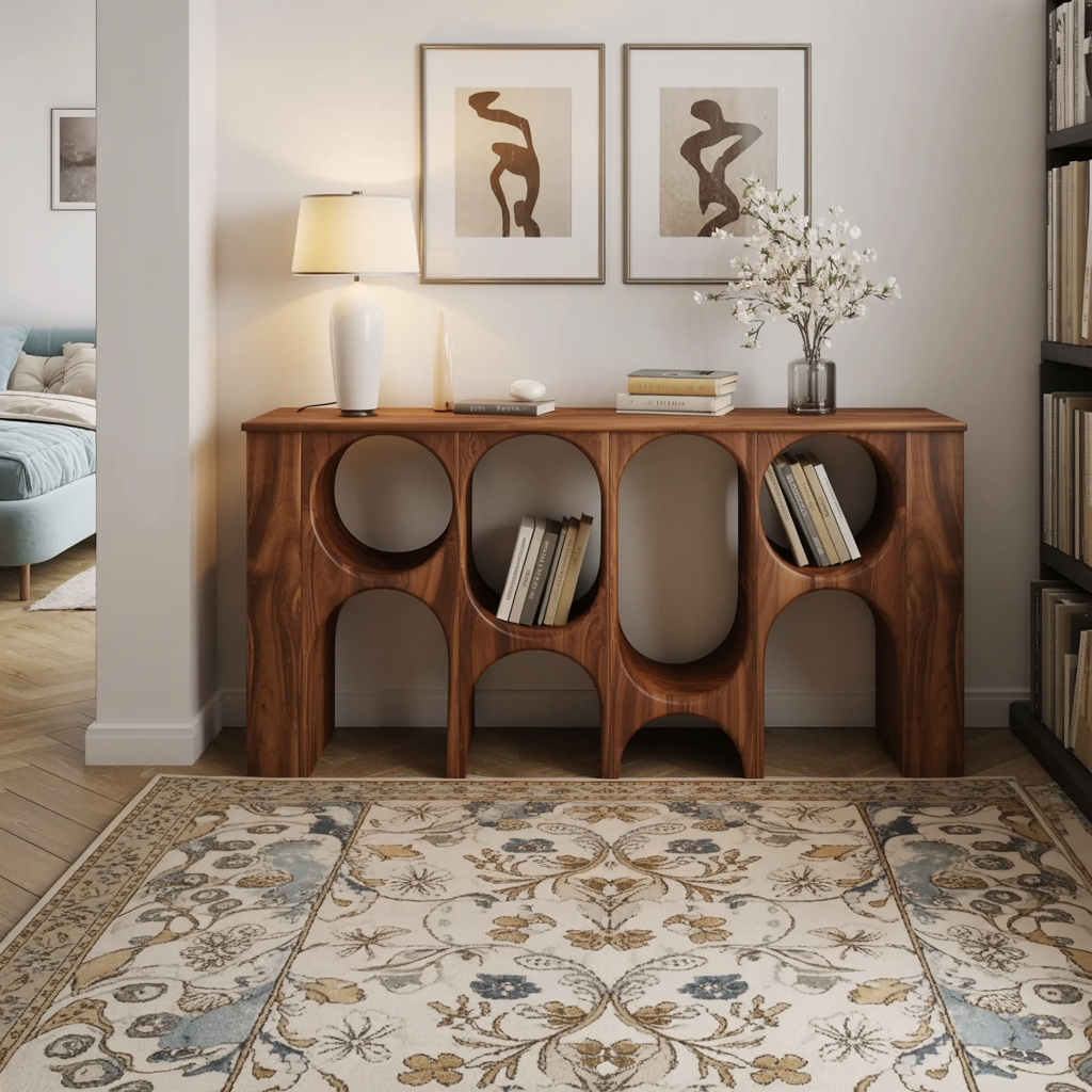 Skulpturales Holz-Bücherregal mit geschwungener architektonischer Silhouette