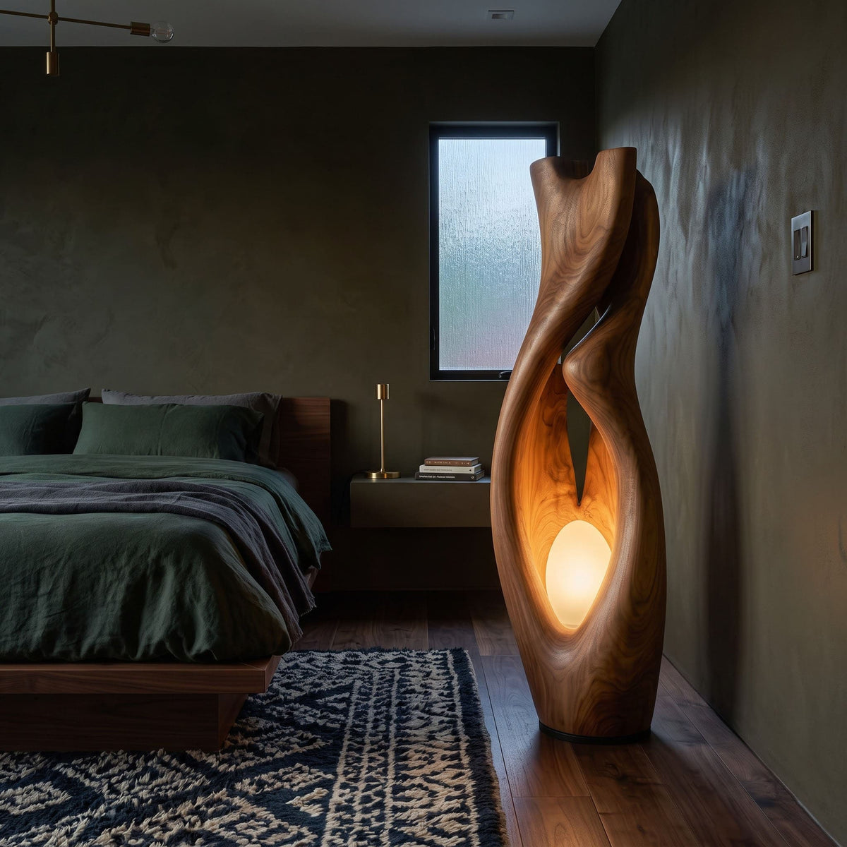 Organische abstrakte Stehlampe aus Massivholz, präsentiert in einem minimalistischen Schlafzimmer