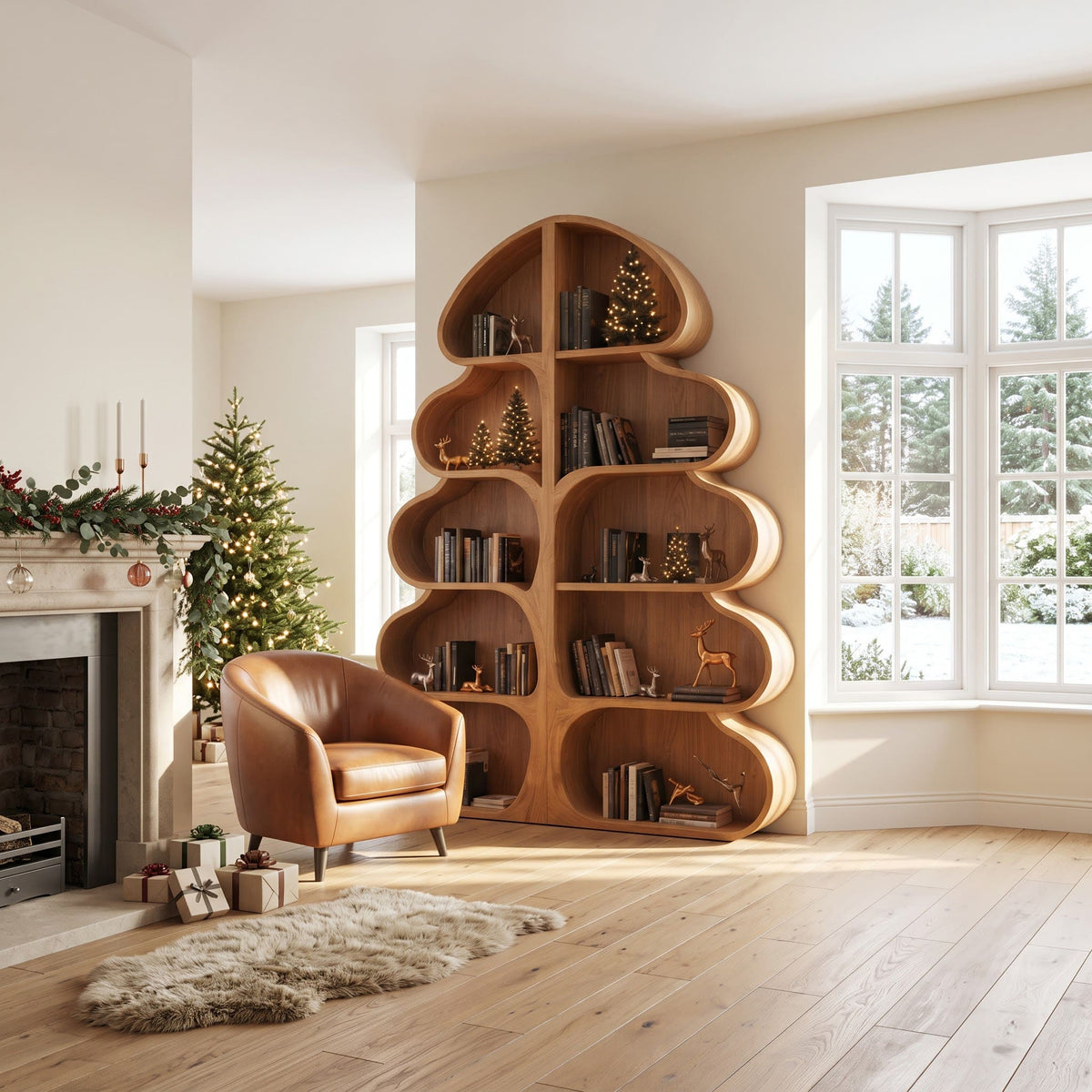 Zeitgenössische Weihnachtsbaum-Regaleinheit aus Massivholz in einem warmen Familien-Treffpunkt