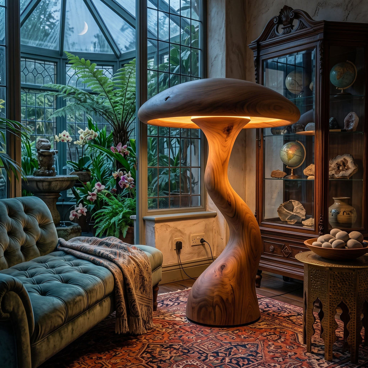 Künstlerische Pilzlampe aus Massivholz, die ein zeitgenössisches Wohninterieur aufwertet