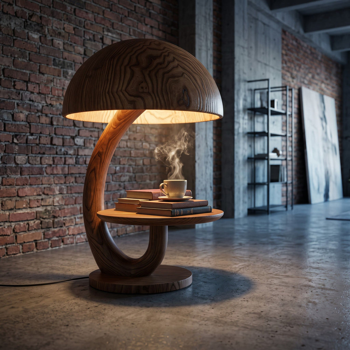 Künstlerischer Lampentisch aus Massivholz, der ein minimalistisches Wohninterieur aufwertet