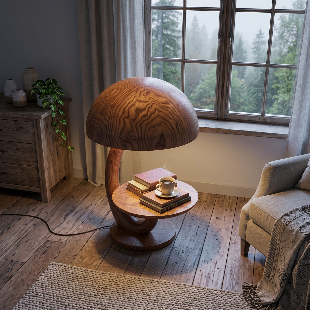 Skulpturaler Akzentlicht-Tisch aus Massivholz, gestylt neben einem modernen Sofa