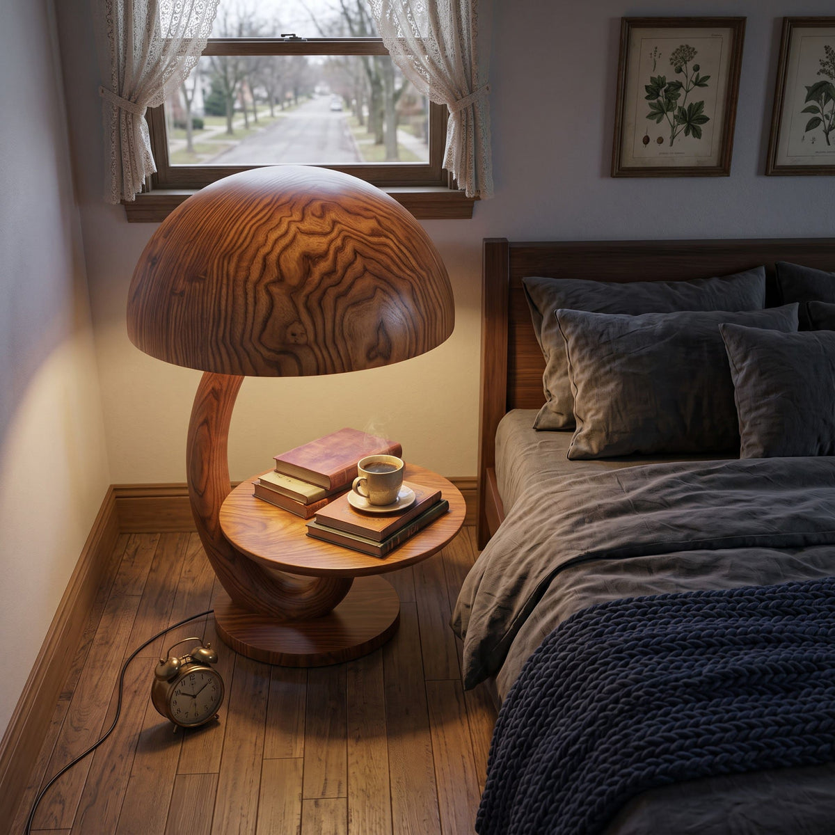 Künstlerischer Lampentisch aus Massivholz, der ein minimalistisches Schlafzimmerinterieur aufwertet