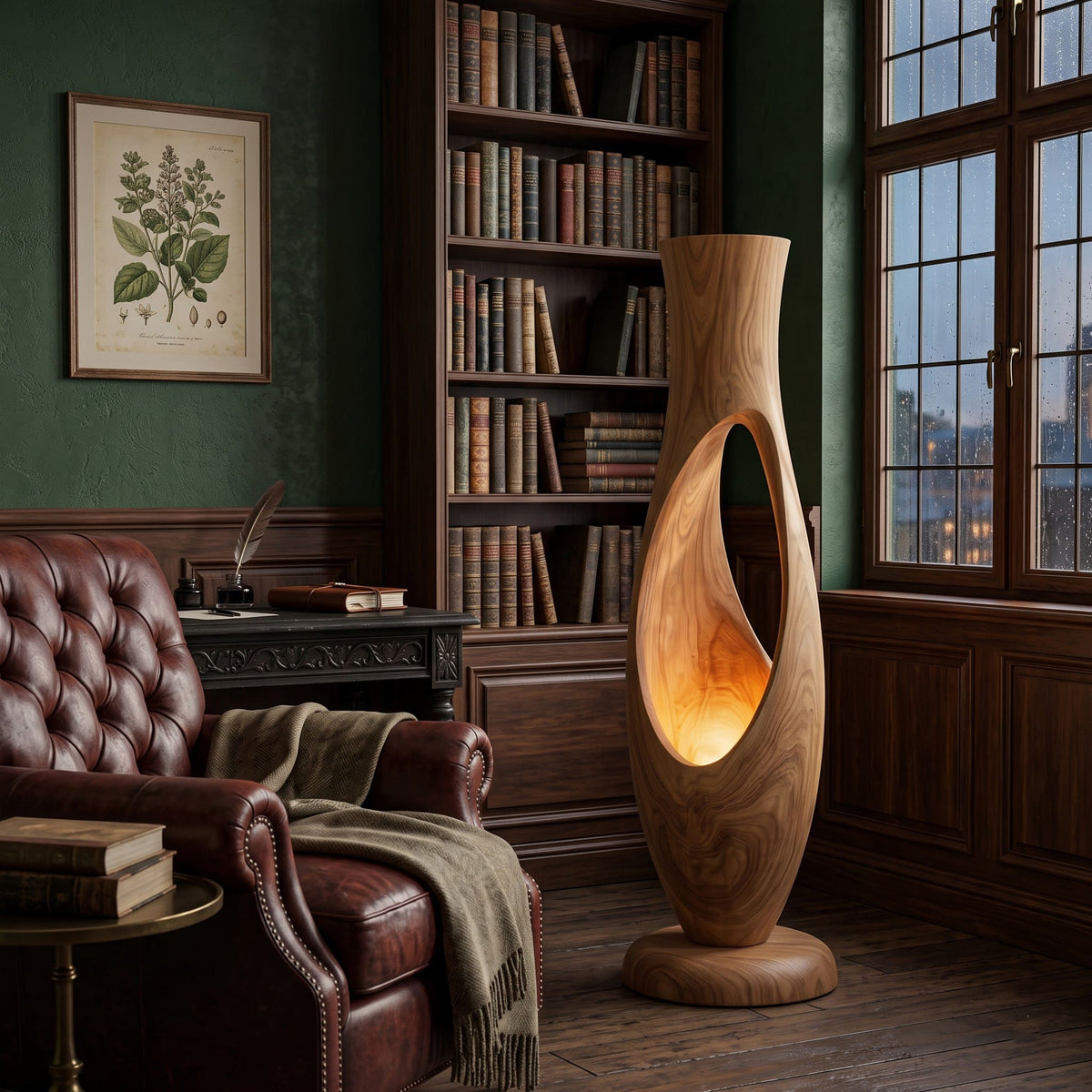 Künstlerische skulpturale Lampe aus Massivholz, die ein anspruchsvolles Wohninterieur aufwertet