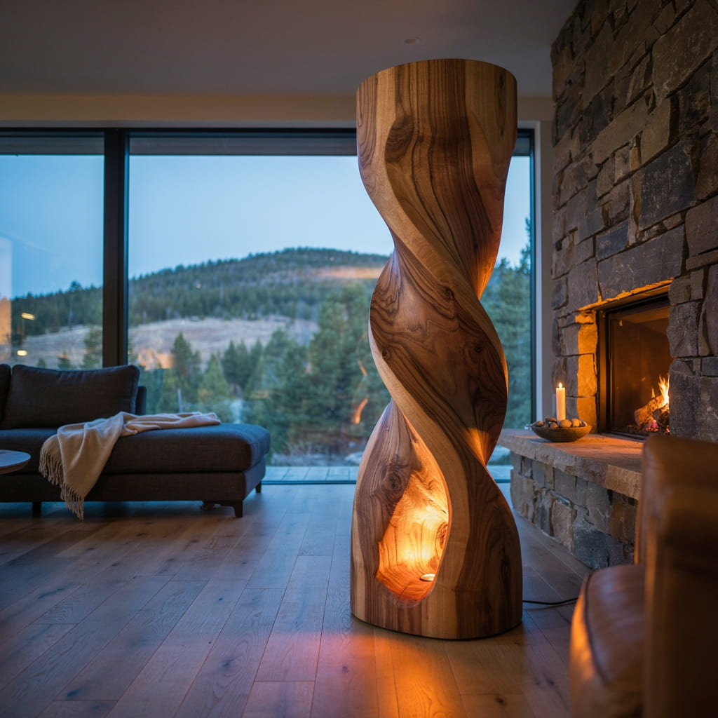 Authentische handgeschnitzte Spiral-Stehlampe aus Massivholz – Skulpturale Ambientelicht-Säule