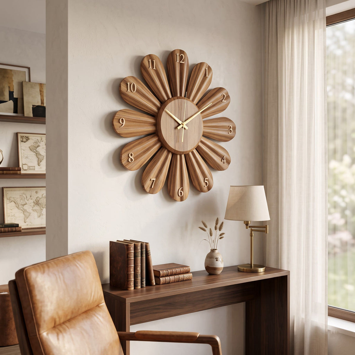 Skulpturale Sonnenblumen-Wandkunst aus Massivholz, gestylt in einem modernen Interieur