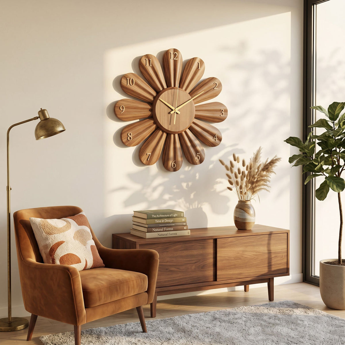 Organische Sonnenblumen-Uhr aus Massivholz, präsentiert in einem minimalistischen Wohnbereich