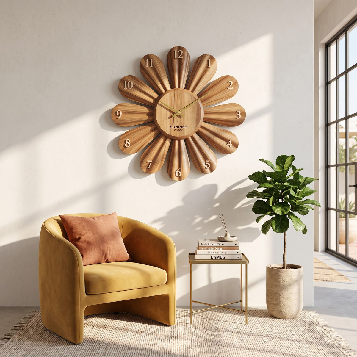 Künstlerische Blumen-Wanduhr aus Massivholz, die ein zeitgenössisches Wohninterieur aufwertet
