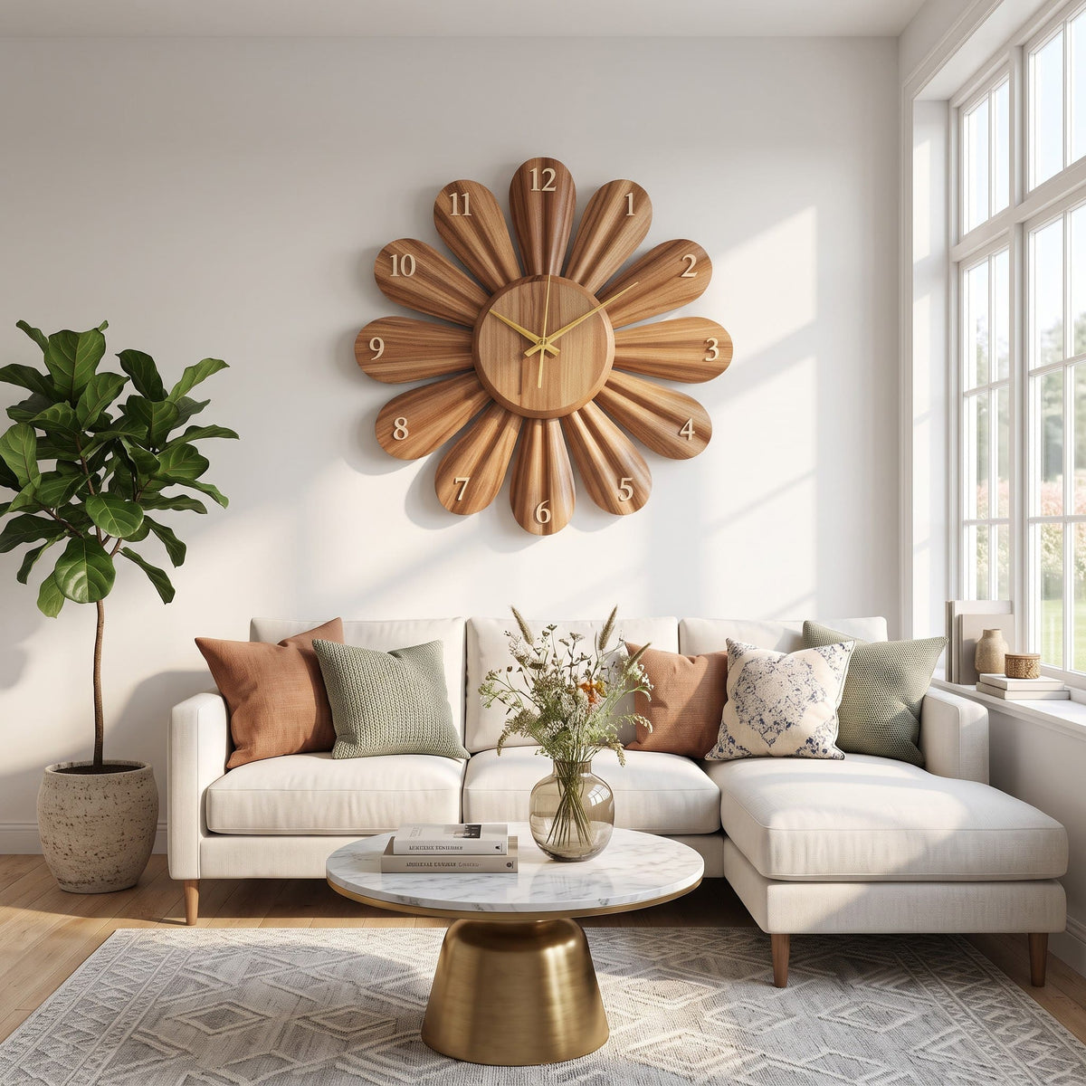 Organische Sonnenblumen-Uhr aus Massivholz, präsentiert in einem minimalistischen Wohnbereich