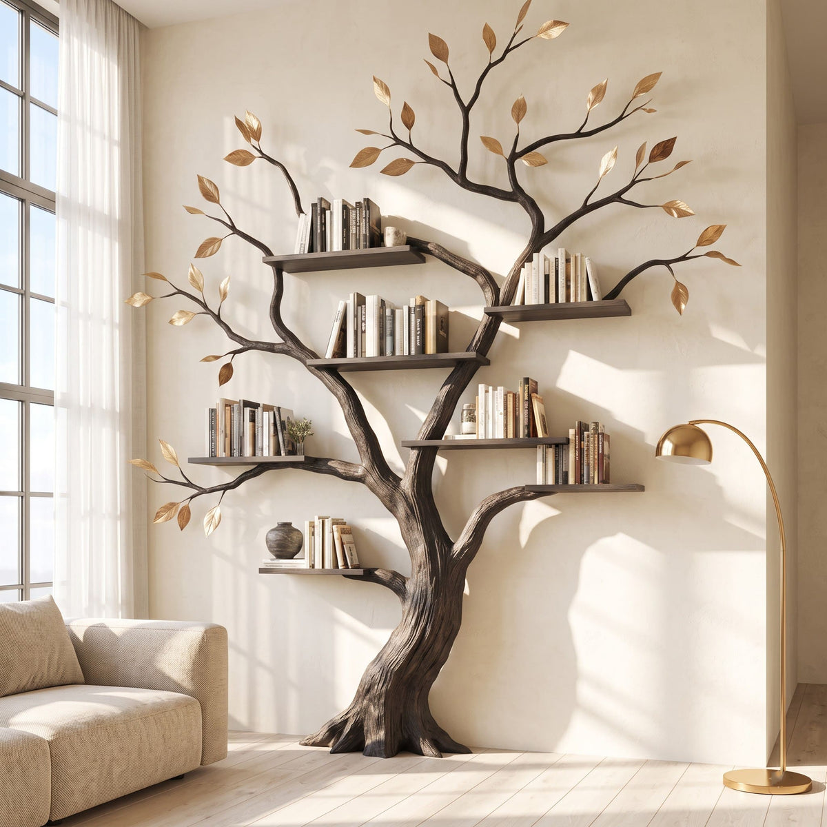 Authentisches handgeschnitztes Baum-Bücherregal aus Massivholz – Skulpturale Wandbibliothek