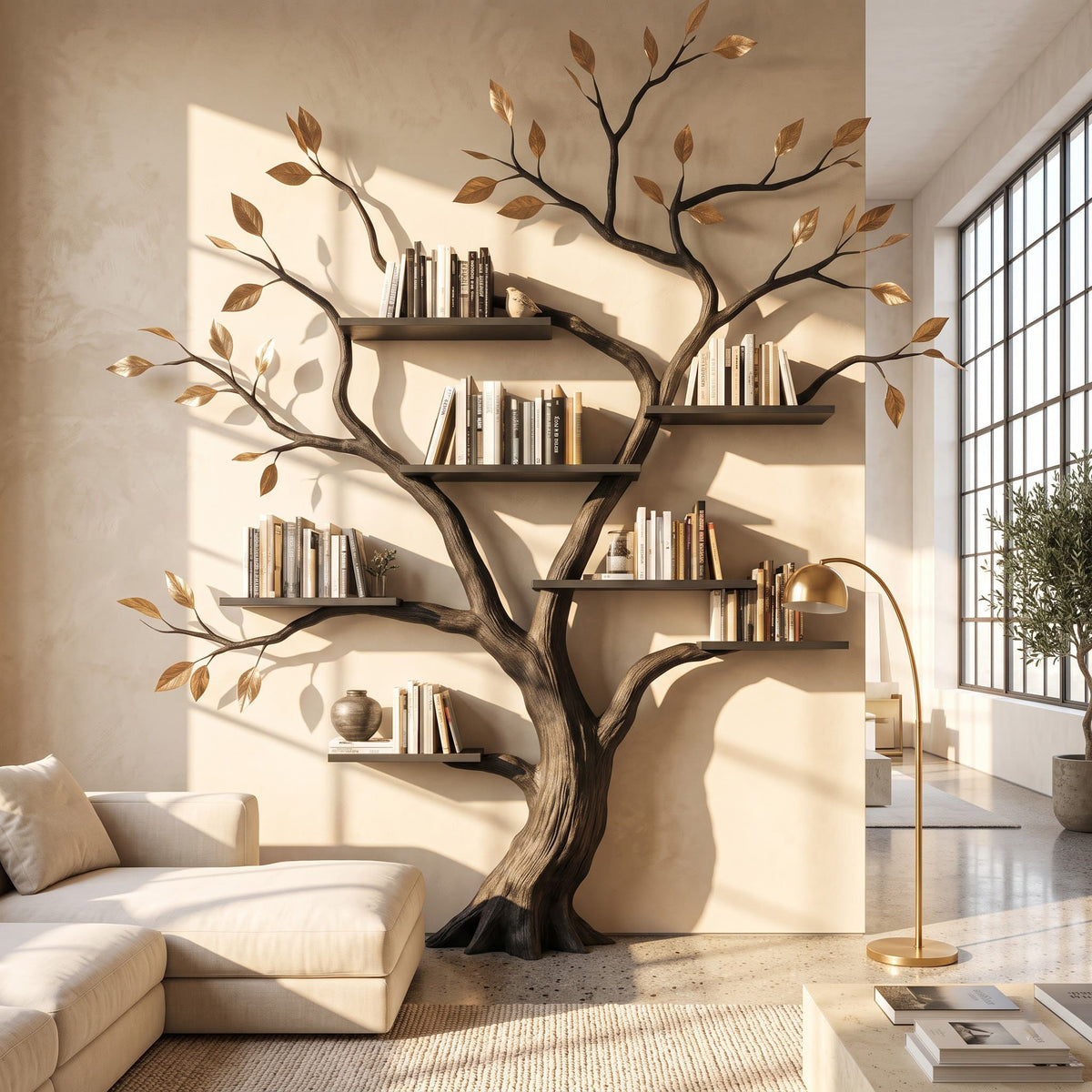 Authentisches handgeschnitztes Baum-Bücherregal aus Massivholz – Skulpturale Wandbibliothek