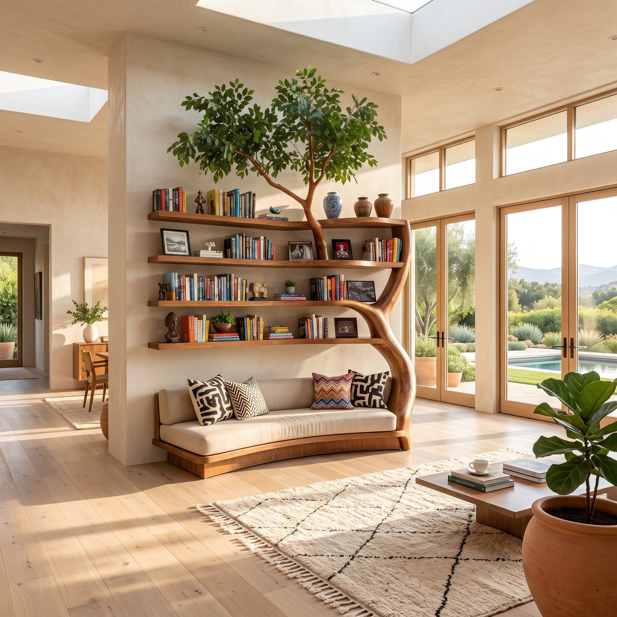 Handwerkliches Lese-Tagesbett und verzweigtes Bücherregal aus Massivholz, die ein luxuriöses Wohnzimmer aufwerten