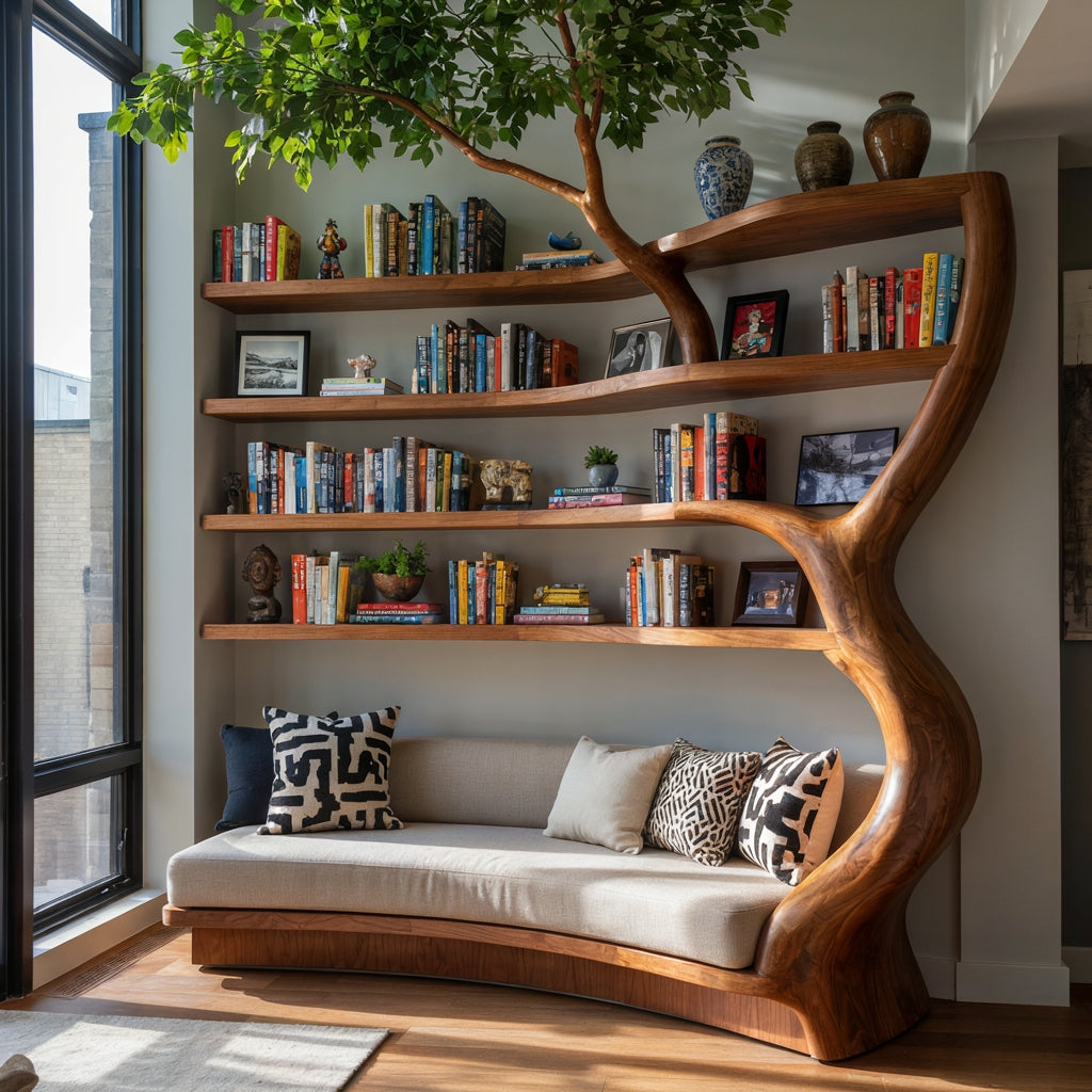 Handgeschnitztes Baum-Bücherregal-Tagesbett aus Massivholz, gestylt in einer gemütlichen Heimbibliothek
