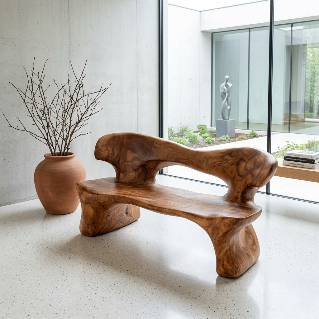 Skulpturales Sofa aus Massivholz, das einen zeitgenössischen Eingangsbereich aufwertet