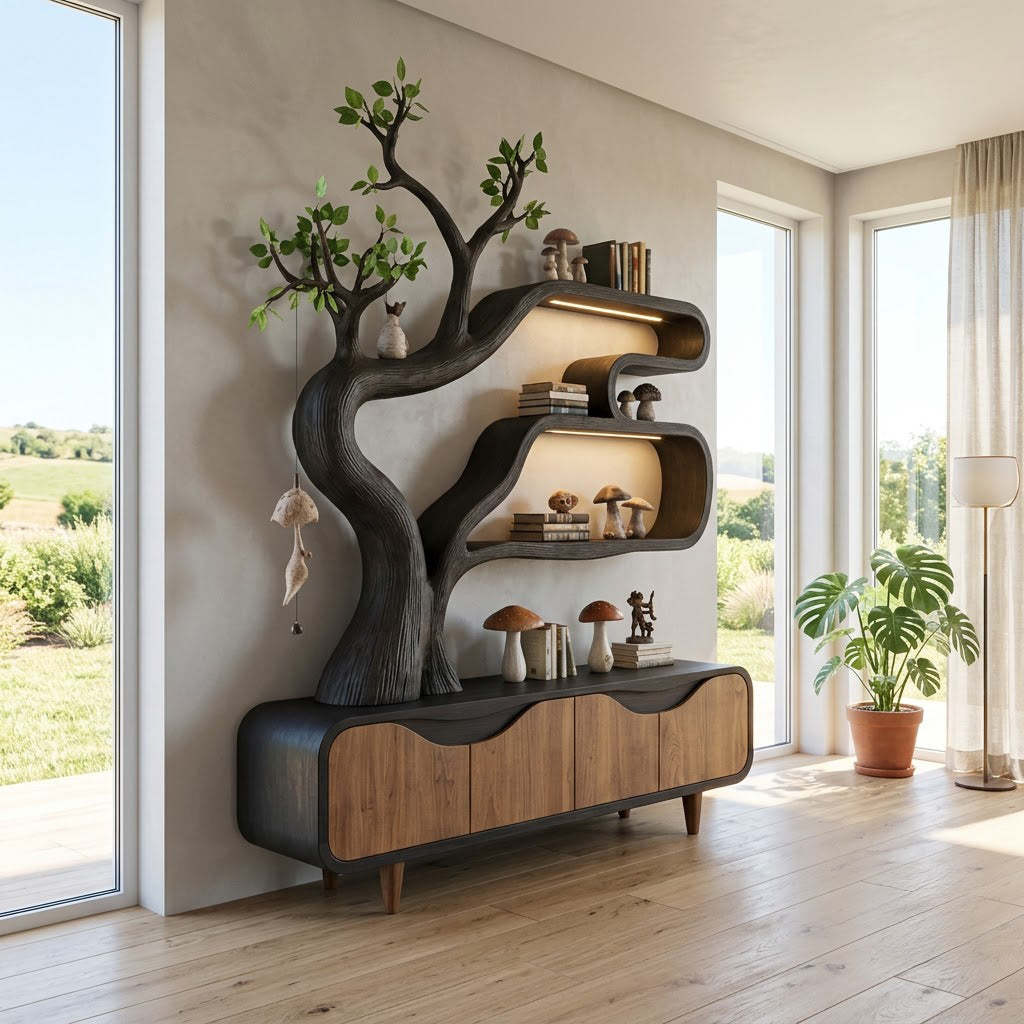 Biophiles Baum-Bücherregal und Stauraum-Sideboard mit Beleuchtung aus Massivholz