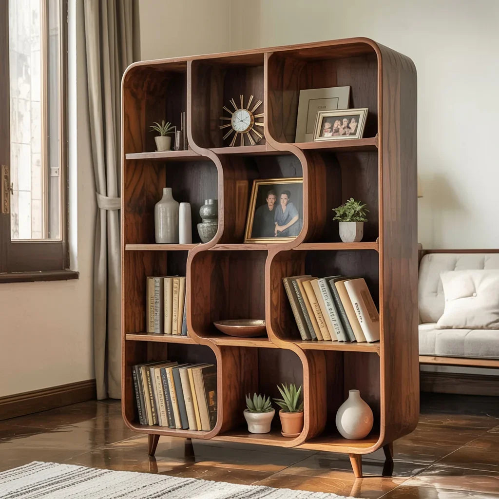 Geschwungenes Mid-Century-Bücherregal aus Massivholz – Organisch-modernes Schauregal