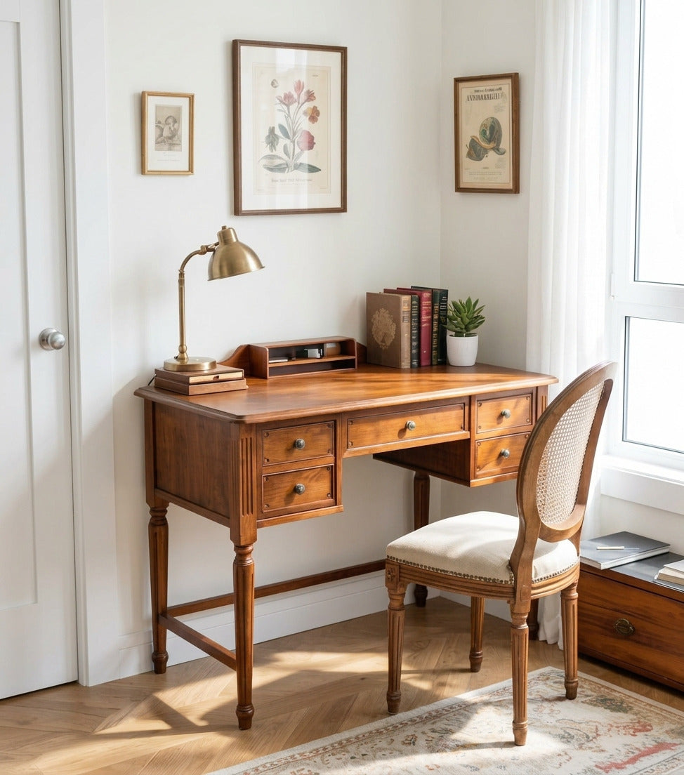 Klassischer Schreibtisch aus Massivholz mit Tischaufsatz in einem zeitgenössischen Interieur