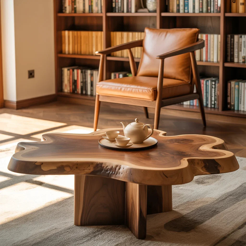 Handgemachter Couchtisch aus Altholz mit natürlicher Baumkante in einem rustikal-modernen Wohnzimmer