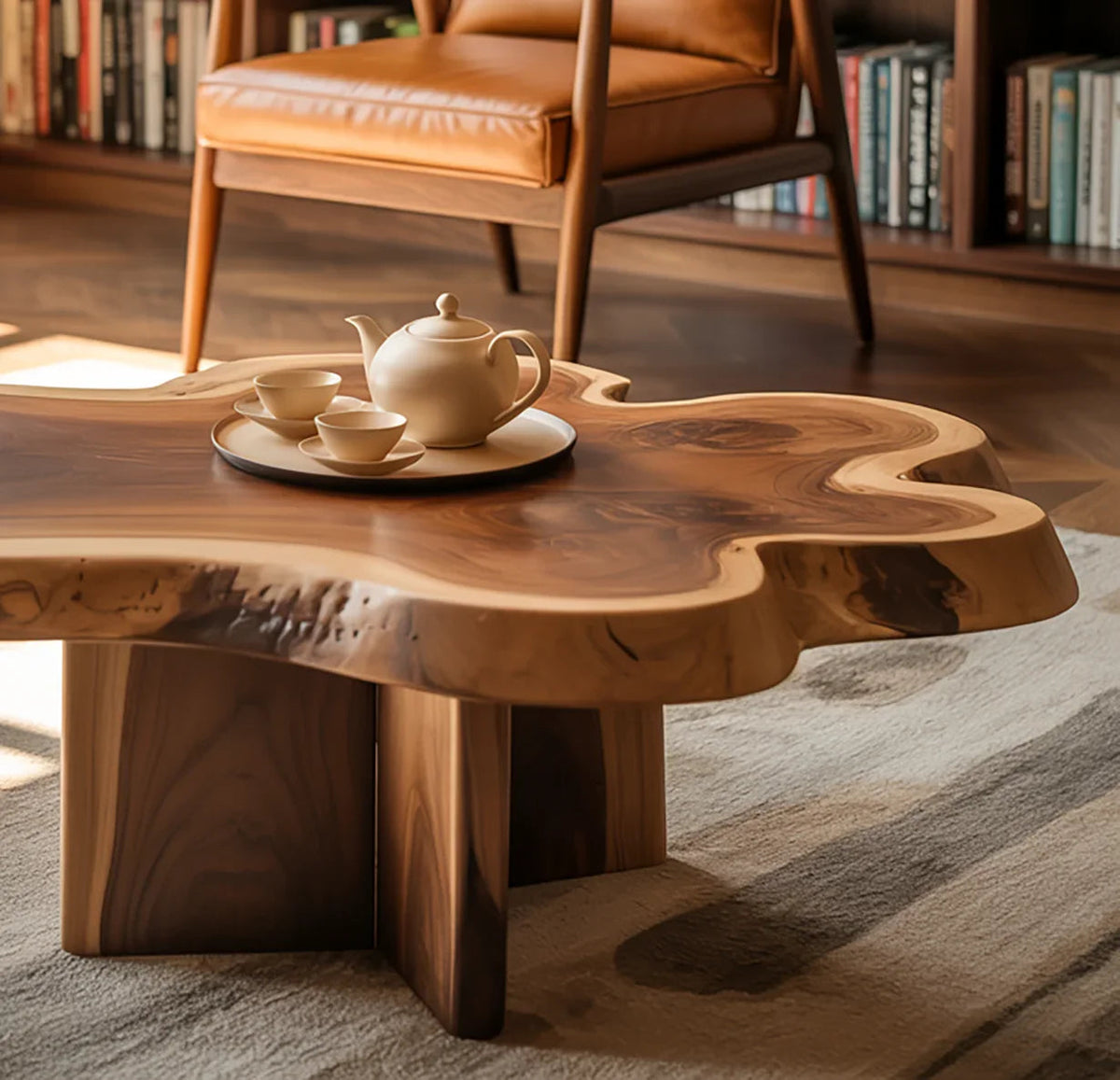Handgemachter Couchtisch aus Altholz mit natürlicher Baumkante in einem rustikal-modernen Wohnzimmer