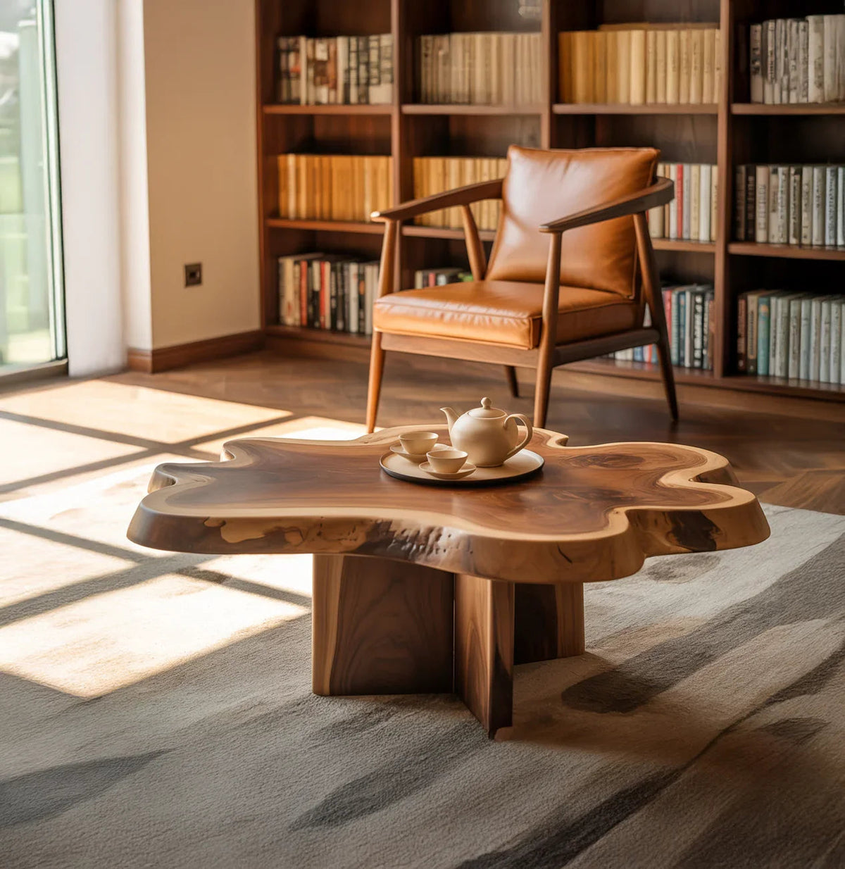 Handgemachter Couchtisch aus Altholz mit natürlicher Baumkante in einem rustikal-modernen Wohnzimmer