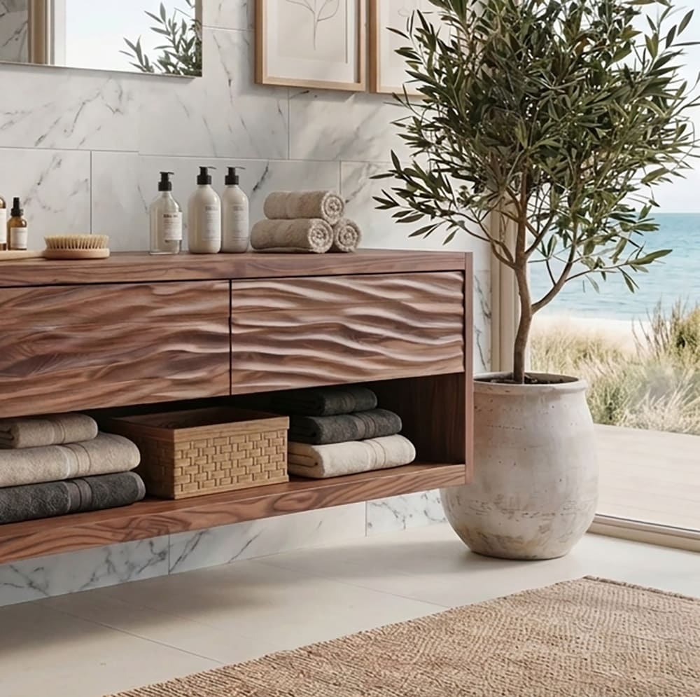 Schwebender Waschtisch aus Massivholz mit skulptierten geschnitzten Schubladenfronten und modernem wandmontiertem Design