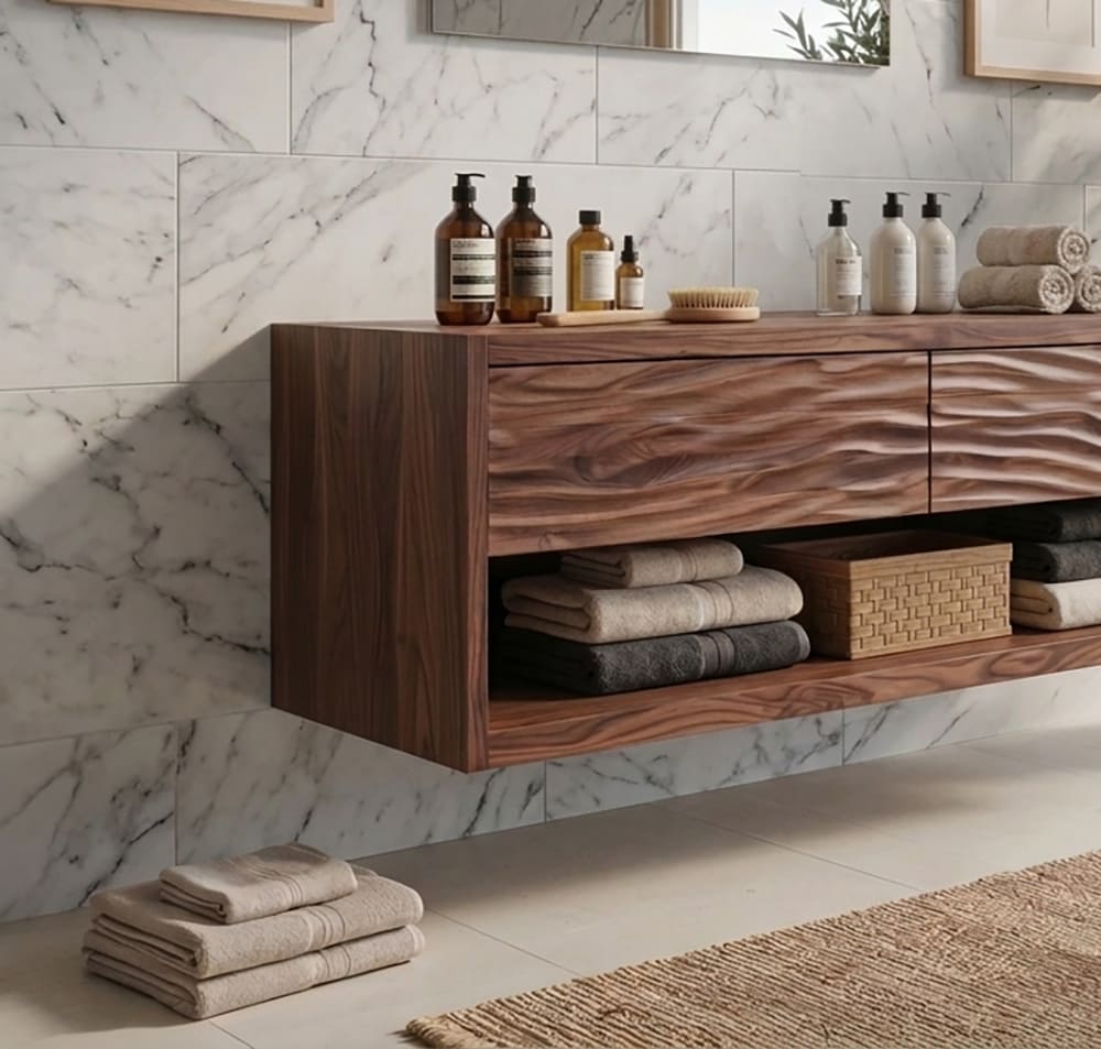 Schwebender Waschtisch aus Massivholz mit skulptierten geschnitzten Schubladenfronten und modernem wandmontiertem Design