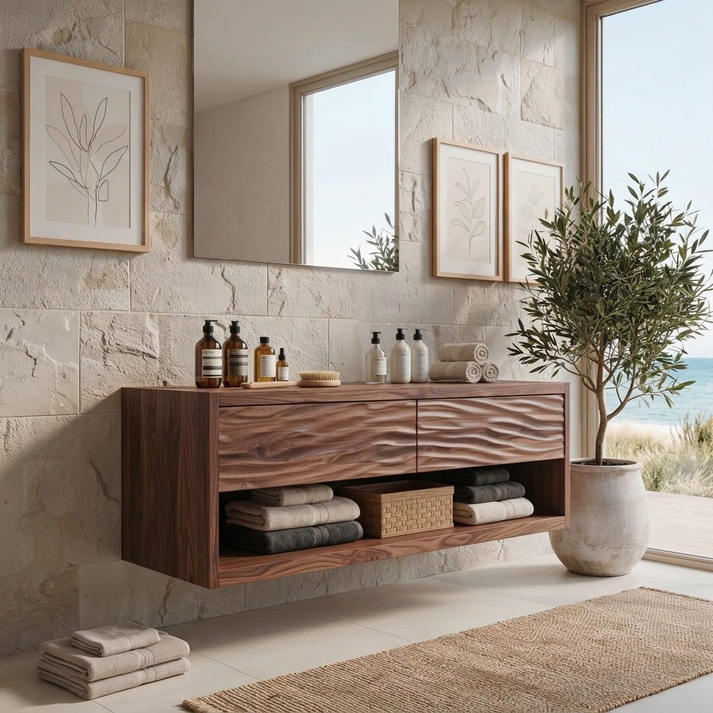 Schwebender Waschtisch, gestylt in einem luxuriösen Spa-inspirierten Badezimmerinterieur