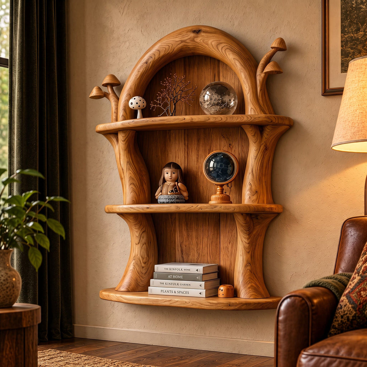 Cottagecore-Wandnische aus Holz mit Bogen und Feen-Pilz-Nische aus Massivholz