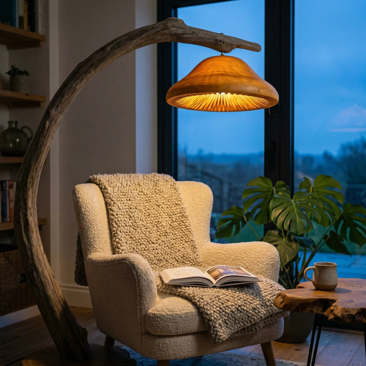 Treibholz-Bogenlampe mit Pilz-Holzschirm neben einem gemütlichen Sessel und Baumkanten-Tisch