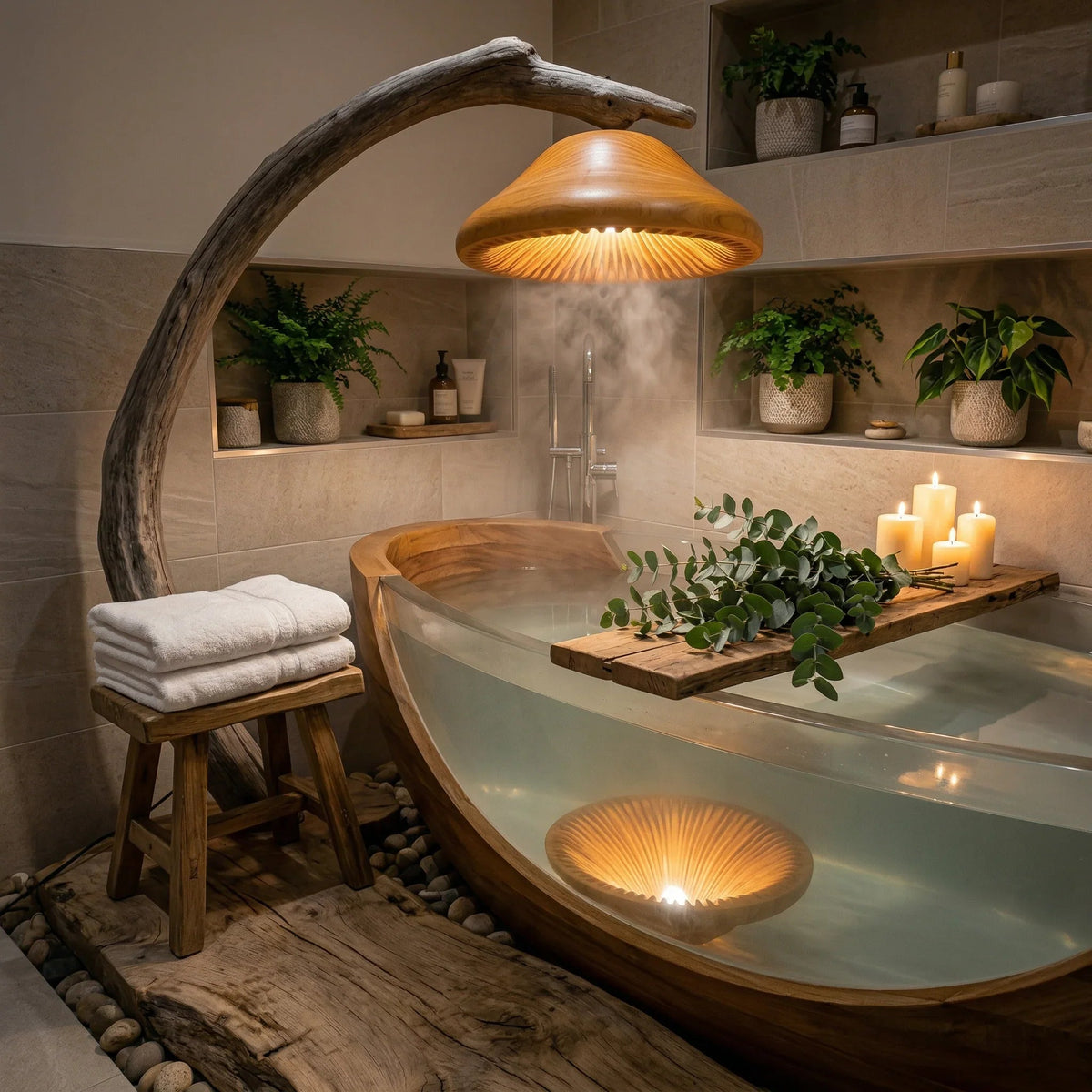 Treibholz-Pilz-Stehlampe mit beleuchtetem Holzfuß neben einer freistehenden Wanne in einem Spa-Badezimmer
