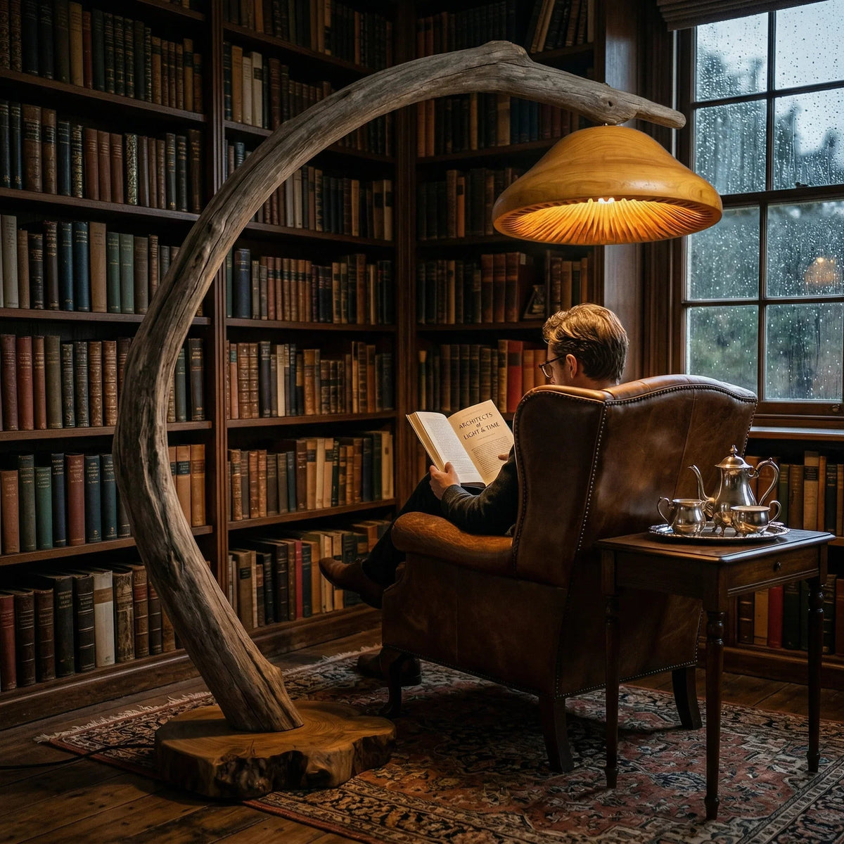 Halbmond-Bogen-Treibholz-Stehlampe mit Pilzschirm und Baumkanten-Fuß in einer gemütlichen Bibliothek.