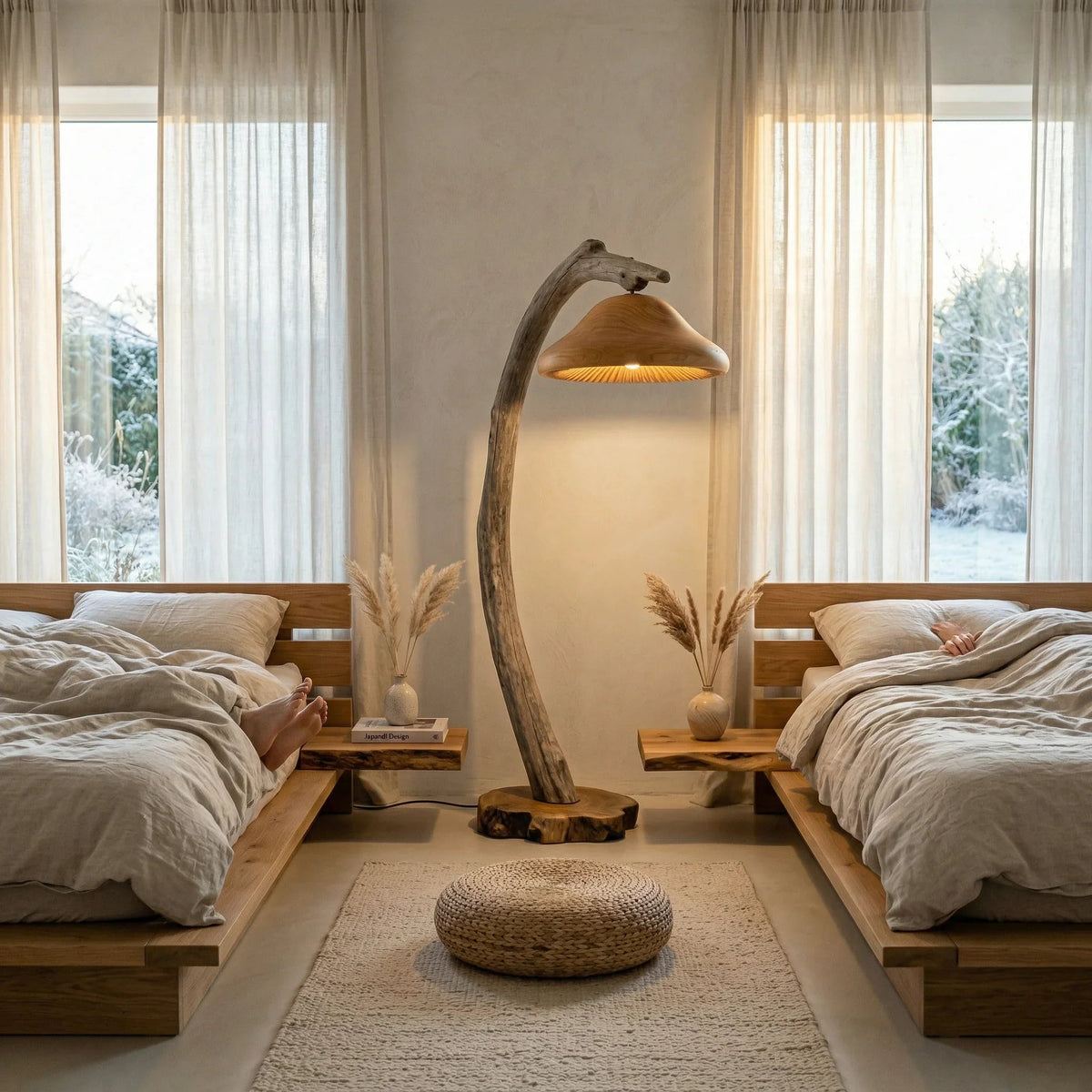 Skulpturale Treibholz-Stehlampe mit Pilzschirm und Baumkanten-Fuß in einem gemütlichen modernen Schlafzimmer