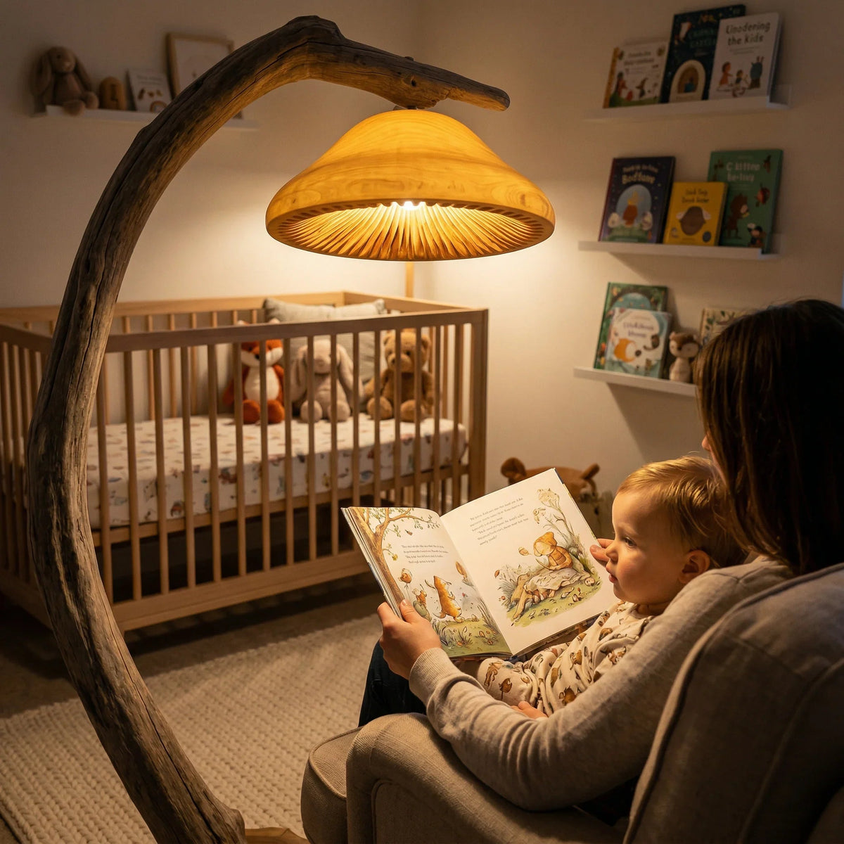 Treibholz-Pilz-Stehlampe mit Baumkanten-Holzfuß, leuchtend in einem gemütlichen Babyzimmer