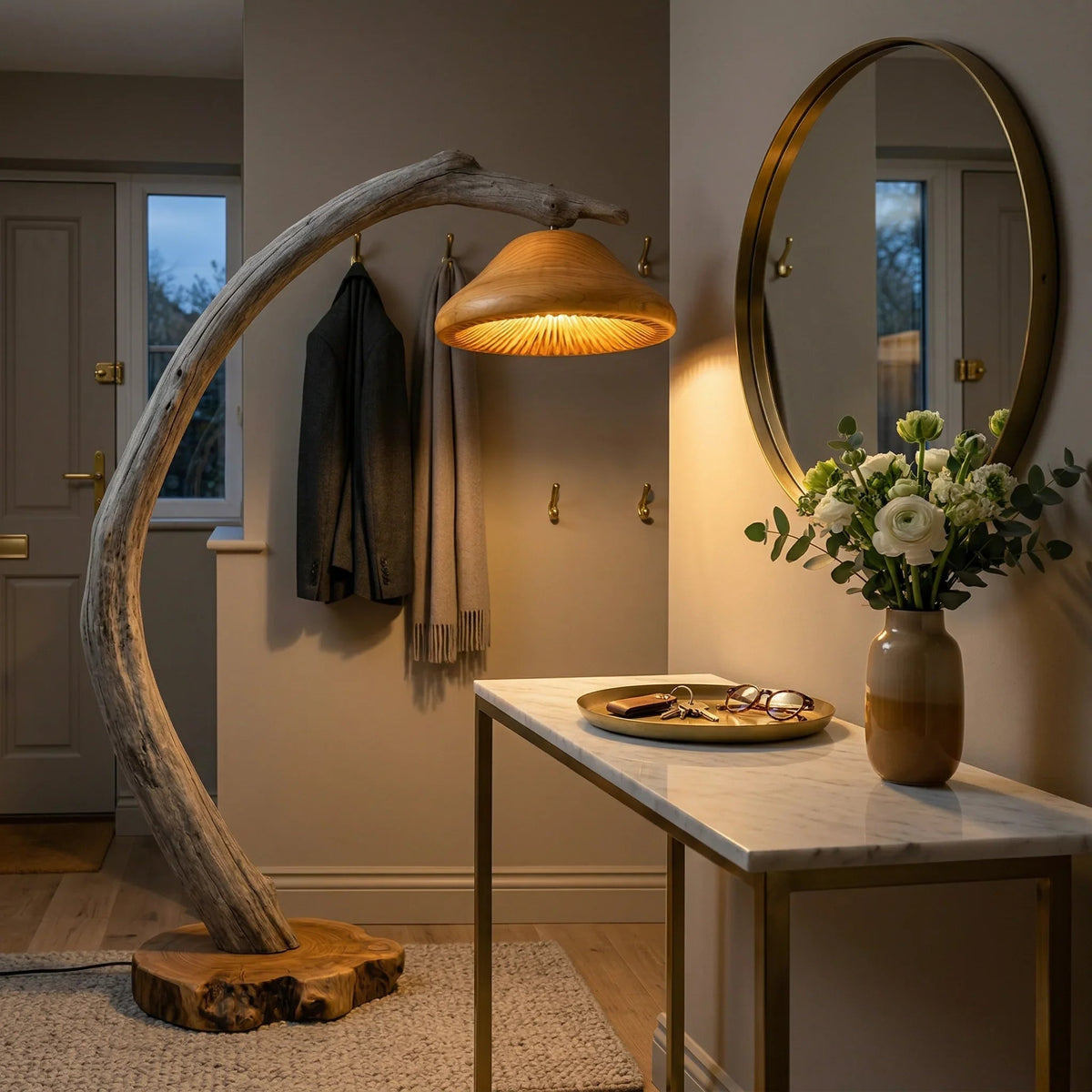 Baumkanten-Treibholz-Stehlampe mit pilzförmigem Holzschirm und warm leuchtendem Licht